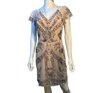 Aidan Mattox Blush Beaded Cocktail Dress Size 4 V-Neck Short Sleeve EUC